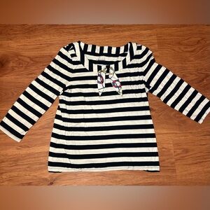 Talbots Womens Navy and White Striped Long Sleeve Tee with necktie, Size Large